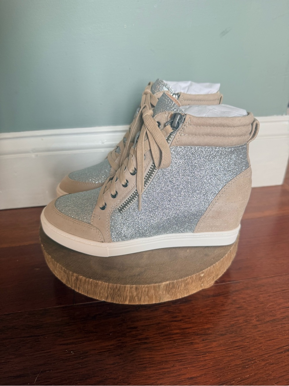 Linea Paolo Niya Silver Glitter Cement Suede Wedge High Top Sneakers - Picture 9 of 11